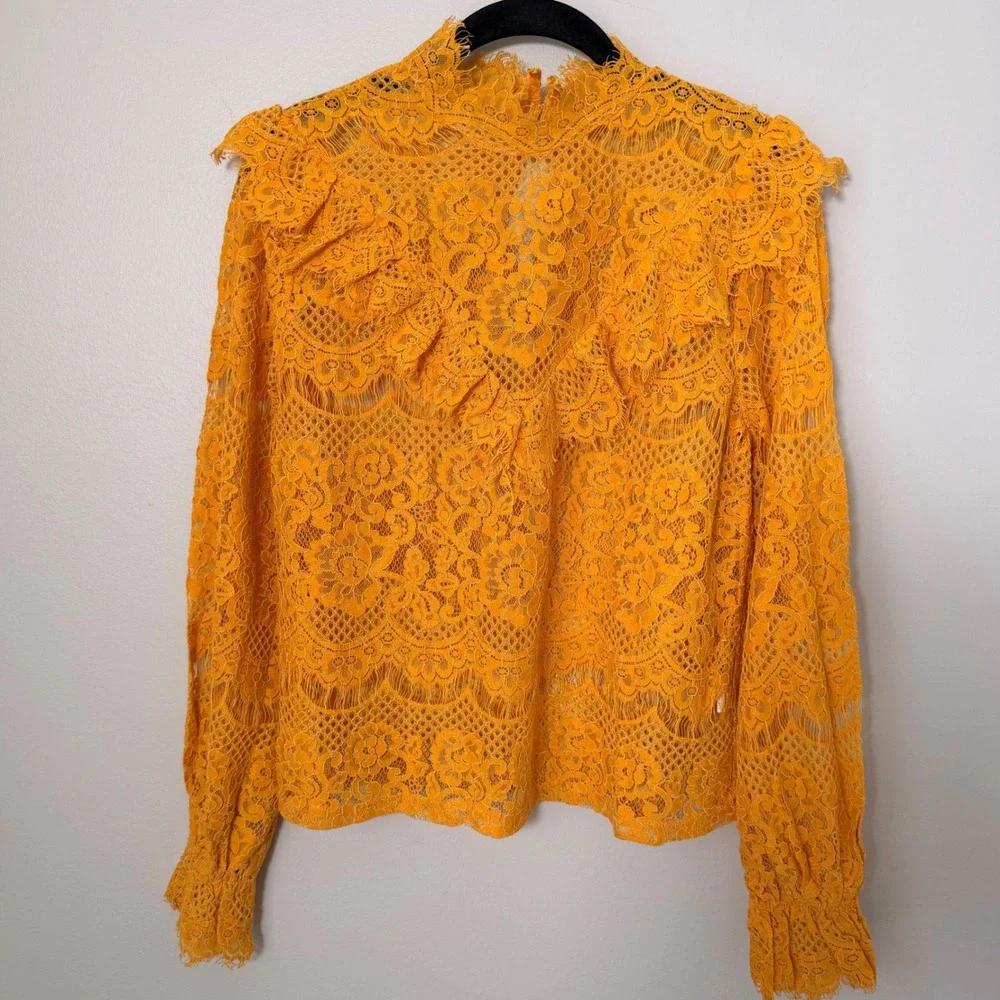 Golden Yellow Sheer Floral Lace Blouse Victorian Romantic‎ Boho Festival Top MED